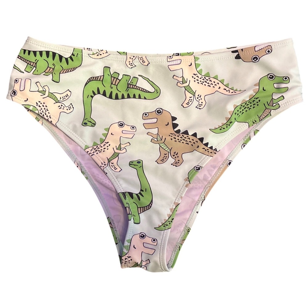 Women White Green‎ Brown Dinosaur Print Bikini Bottoms Size Medium